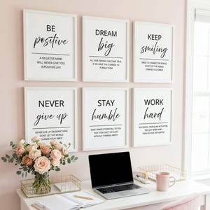 Set of 6 motivational quote printable wall art prints featuring positive mindset, dream big, work hard, stay humble, never give up, and inspirational office decor designs.