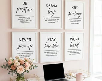 Motivational Quotes Set of 6 Office Prints, Printable Wall Art for Modern Home Office, Inspirational Posters for Women, Positive Affirmation