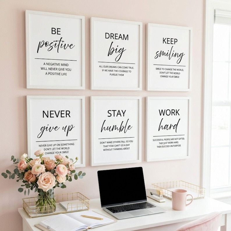 Set of 6 motivational quote printable wall art prints featuring positive mindset, dream big, work hard, stay humble, never give up, and inspirational office decor designs.