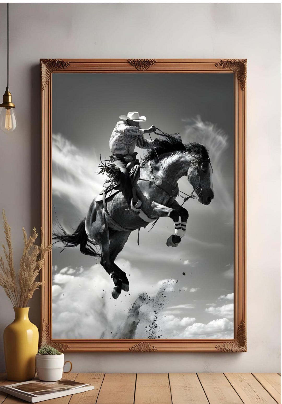 Western Rodeo Cowboy on Bucking Horse: Black & White Wall Art Digital ...
