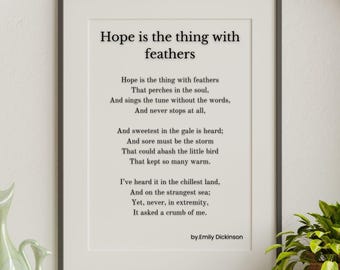Vintage Poetry Art, Hope is the thing with feathers, Emily Dickinson Poem, American Poetry, Vintage Style Poem Art, Poetry Wall Art