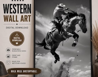 Rodeo Cowboy Wall Art: Black and White Bucking Horse Poster, Western Ranch Decor Digital Download