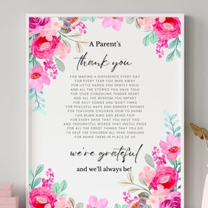 Poème imprimable d'appréciation du professeur floral - Un remerciement d'un parent - Cadeau aquarelle pour l'école maternelle, la garderie ou la maternelle, une source d'inspiration
