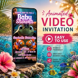 Puede incluir: Un teléfono inteligente muestra una invitación a un baby shower con personajes animados. La invitación incluye el texto "Baby Shower", el nombre "Rachelle Beaudry" y los detalles del evento. El fondo presenta una escena submarina con peces tropicales y flores.