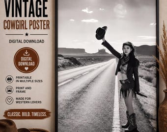 Black and White Cowgirl Poster, Vintage Western Wall Art, Printable Digital Download