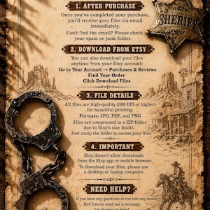 May include: A vintage-style parchment document titled HOW IT WORKS, featuring a metallic sheriff star, rusted metal handcuffs, and Western-themed illustrations of a saloon and a rider on horseback, providing instructions for digital file downloads.