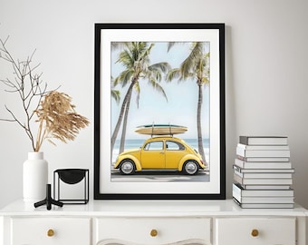 Yellow Beetle Surf Car Coastal Print: Vintage Beach Summer Art (Digital Download)