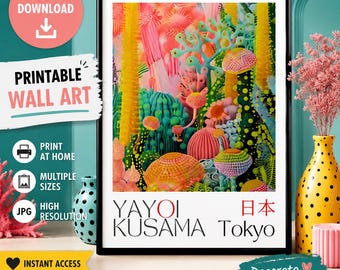 抽象的な花の水彩画 KUSAMA 草間彌生の壁アートプリント、花の草原、室内装飾、抽象的な水彩画の花
