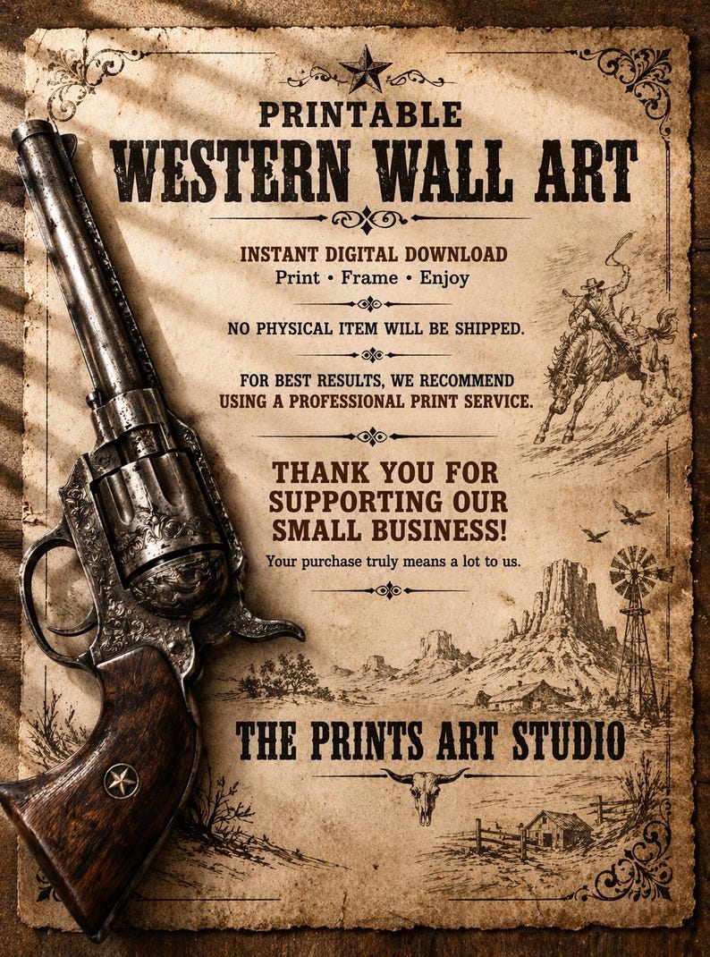 May include: A vintage-style paper print featuring the text PRINTABLE WESTERN WALL ART, THE PRINTS ART STUDIO, and instructions. An illustration of a cowboy on horseback, a windmill, and desert mountains is present, with a metal revolver on the left.