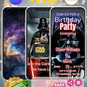 Puede incluir: Plantilla de invitación digital con temática de Star Wars. El diseño incluye a Darth Vader, una tarta de cumpleaños y detalles del evento. La invitación es fácil de usar para crear una bonita invitación.