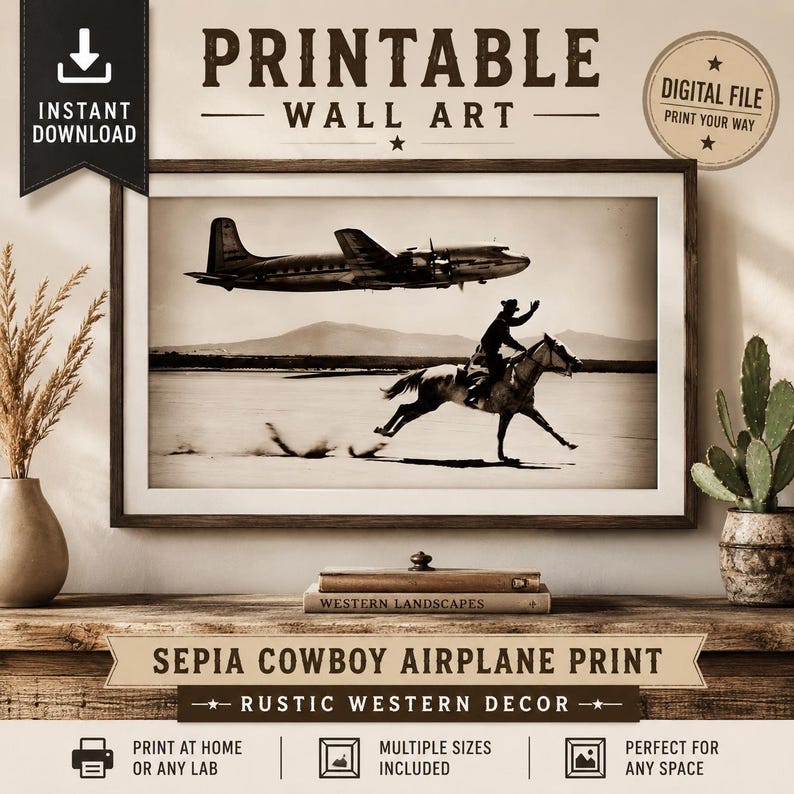 May include: A sepia-toned wall art print in a dark wooden frame featuring a vintage airplane flying over a cowboy riding a horse. The text reads PRINTABLE WALL ART, DIGITAL FILE, WESTERN LANDSCAPES, and SEPIA COWBOY AIRPLANE PRINT RUSTIC WESTERN DECOR.