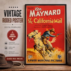 Vintage Rodeo Art Print: Ken Maynard Cowboy on Bucking Bronco