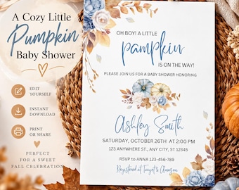 May include: A rectangular baby shower invitation card featuring watercolor illustrations of blue and cream pumpkins with autumn leaves. The text reads: Oh boy! A little pumpkin is on the way! Please join us for a baby shower honoring Ashley Smith.