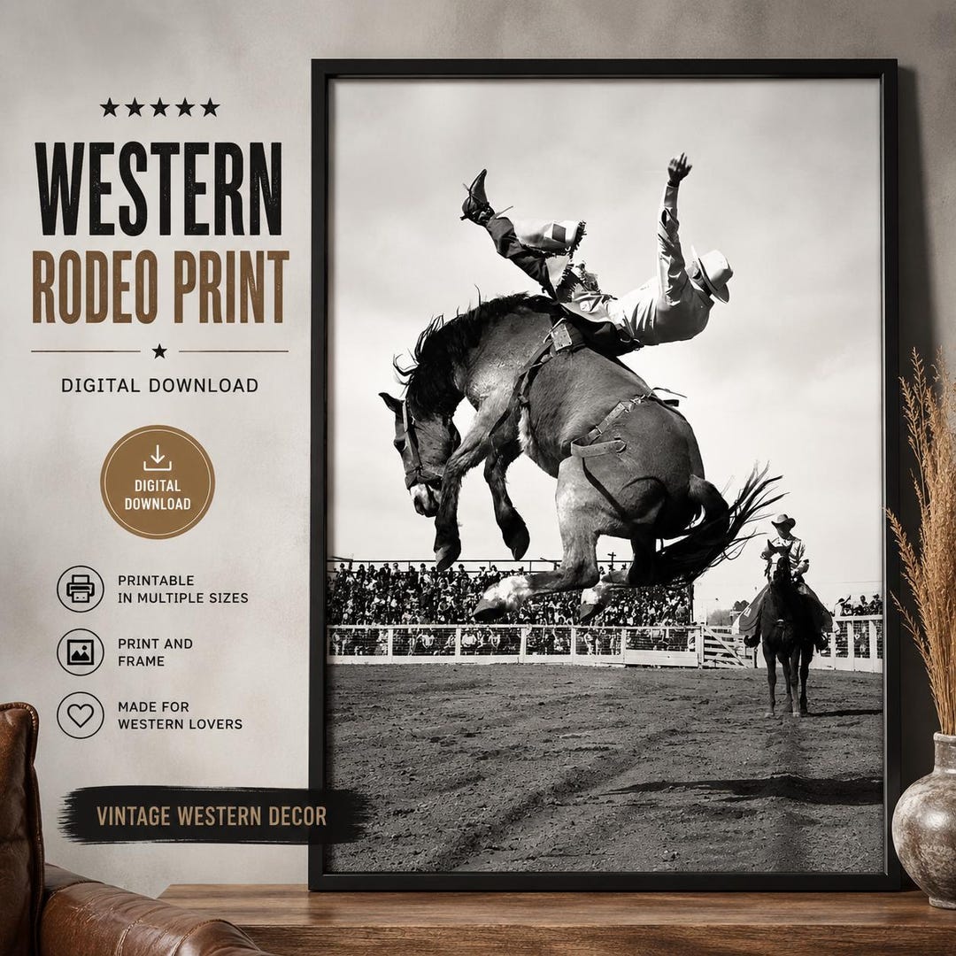 Vintage Rodeo Cowboy Arena Action: Black & White Western Art Digital ...