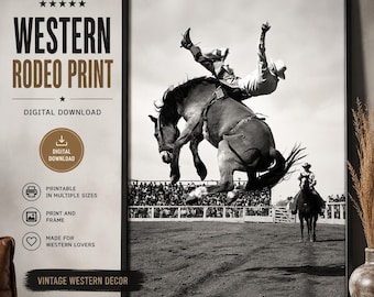 Rodeo Cowboy Wall Art, Black and White Bucking Bronco Poster, Vintage Western Digital Print