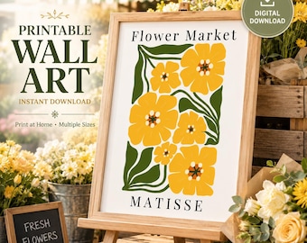 ellow Flower Market Print, Matisse Style Botanical Wall Art, Floral Poster, Printable Digital Download, Henri Matisse Floral Wall Decor