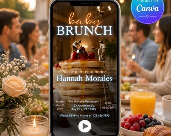 May include: A smartphone displays a baby brunch invitation. The invitation features the text "baby BRUNCH" in a neon font, with a stack of pancakes topped with berries and syrup. The invitation includes event details and a RSVP.