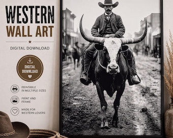 Vintage Cowboy Bull Riding Print, Black and White Western Wall Art, Digital Download
