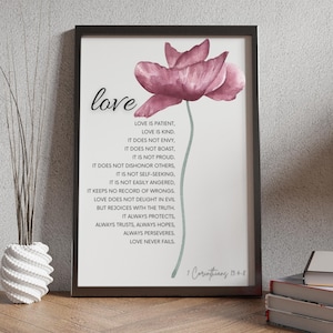 1 Korintiërs 13:4-8 Liefde is geduldig muurkunst | Afdrukbare christelijke geschriften | Bruiloftsdecoratie