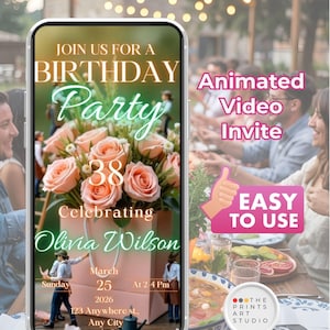 Edytowalny szablon Canva z zaproszeniem wideo na urodziny | Animowane zaproszenie na przyjęcie z motywem kwiatowym i muzyką jako bonusem w postaci projektu cyfrowego