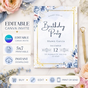 Può includere: Un modello di invito per festa di compleanno rettangolare con illustrazioni floreali blu e rosa, accenti in lamina d'oro e un bordo dorato. Il testo recita: Please join us, Birthday Party, Shawn Garcia, December, Monday 12, 10:00am, 123 Anywhere St., Any City, ST 12345.