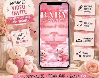 Girl Baby Shower, Baby Shower Inviting Video, Digital Invite, Teddy Bear Invitation, Editable Baby Party Evite Template, Digital Invite