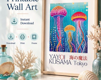 Cuadro decorativo de medusas inspirado en Kusama, lámina de medusas coloridas, arte oceánico japonés, póster submarino, descarga digital imprimible.