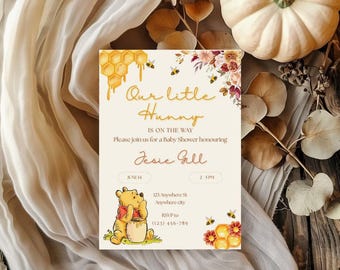 Classic Winnie the Pooh Baby Shower Invitation, Our Little Hunny Invite, Gender Neutral Printable Canva Template, Honey Bear