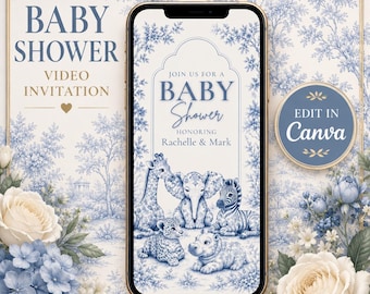 Op de afbeelding: Een smartphone met een digitale uitnodiging voor een babyshower met blauwe florale toile-patronen en illustraties van een giraf, olifant, zebra, luipaard en nijlpaard. De tekst luidt: Join us for a baby shower honoring Rachelle & Mark.