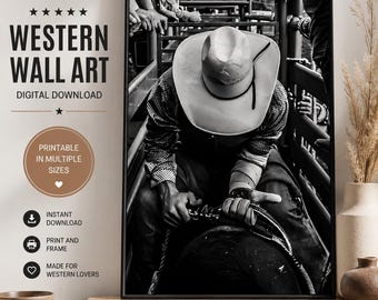 Cowboy Up Rodeo Wall Art: Black and White Western Poster, Rustic Ranch Decor, Digital Download