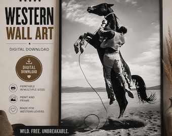 Vintage Western Cowboy Poster - Rustic Rodeo Wall Art With Stripes - Bronco Rider Poster for Farmhouse or Man Cave Decor - Cowboy Gift Idea