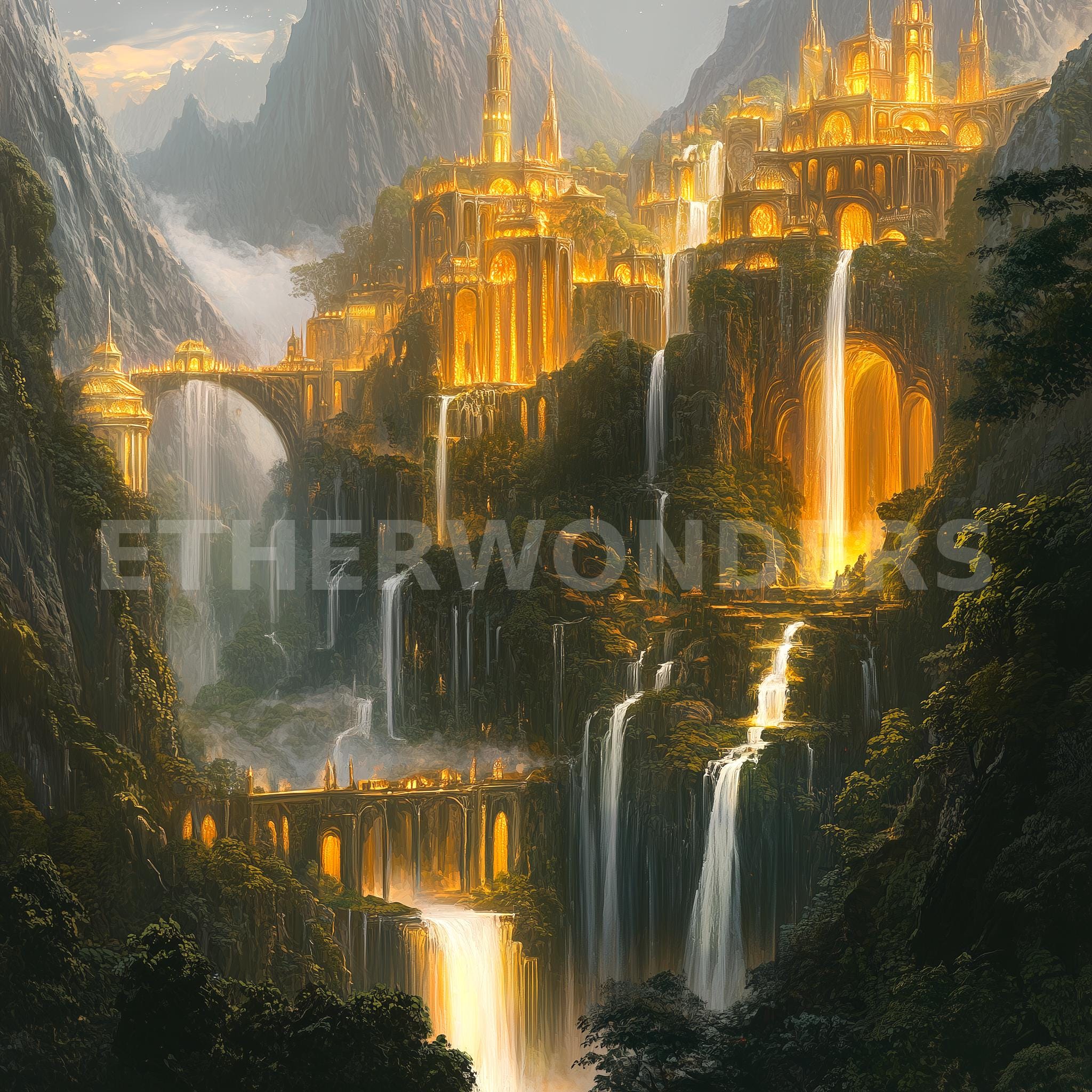 Bridge to the Elven Realms - Magical Waterfall City | Digital Fantasy ...