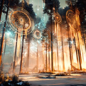 Golden Lights in the Dreamcatcher Woods | Sci-Fi Dreamscape Wall Art | AI-Generated Digital Print