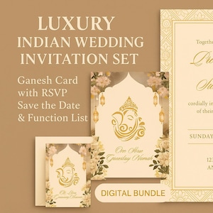 Ensemble de faire-part de mariage indien de luxe | Carte Ganesh avec RSVP, réservez la date et liste des fonctions | Pack numérique hindou Shaadi