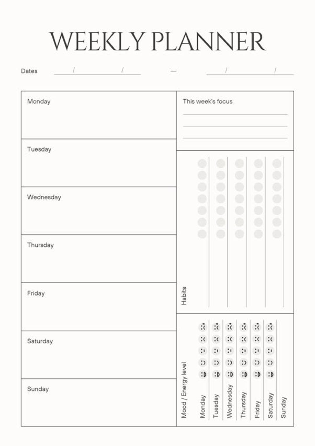 Minimalist Weekly Planner Printable | Undated Weekly Agenda | Simple ...