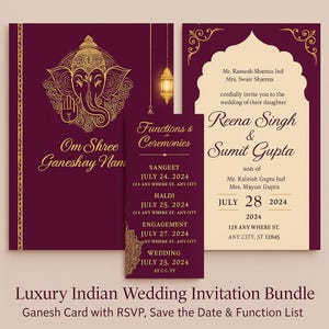 Lot de faire-part de mariage indien élégant | Jeu de cartes pour shaadi hindou avec réponse, réservez la date et liste des fonctions | Faire-part numérique bordeaux + or