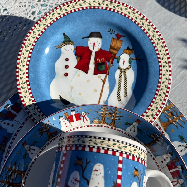 Vintage Sakura Snowman -Dinnerware,  4 Piece Place Setting Set - Sakura Debbie Mumm -1998