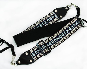 Vintage 1970's~80's Woven 'Hippie' CAMERA STRAP Leather Ends Blue~Black~White++