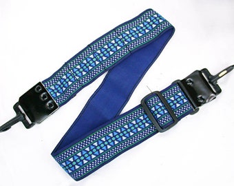 Vintage 1970's~80's Woven 'Hippie' CAMERA STRAP Leather Ends Rich DEEP BLUEs w/Green & White Accents