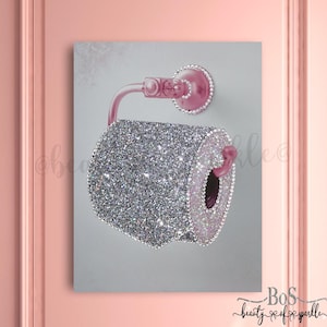 Rotolo di carta igienica Glam rosa e argento con glitter, decorazione da parete scintillante in formato A4, decorazione per la casa. Senza cornice.