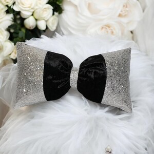 Sparkle Black / Silver Luxury Crushed Velvet, Silver Glitter Bow Cushion