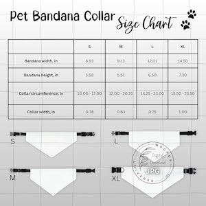 Tabla de tallas de collares bandana para mascotas, descarga digital para lista de productos, 2 archivos JPG de alta resolución, formato cuadrado y rectangular, marca genérica