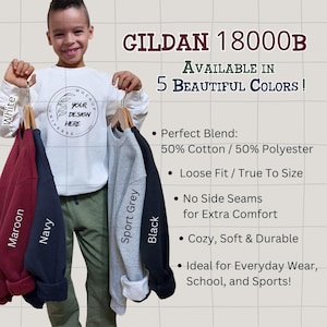 Maqueta de la sudadera juvenil Gildan 18000B, carta de colores, foto real de modelo, formato cuadrado, descarga digital, 2 fotos de alta calidad, marca genérica