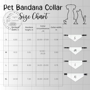 Tabla de tallas de collares bandana para mascotas, lista de productos en descarga digital, 2 archivos JPG de alta resolución, formato cuadrado y rectangular, marca genérica