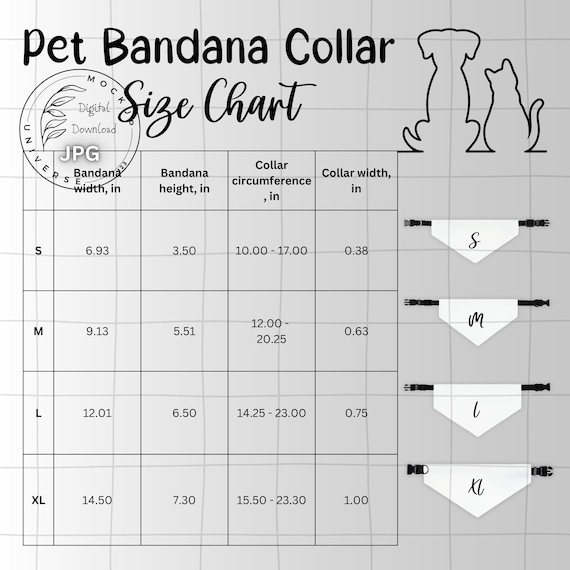 Pet Bandana Collar Size Chart, Digital Download Product Listing, 2 High Resolution JPG Files, Square + Rectangle Format, Generic Brand
