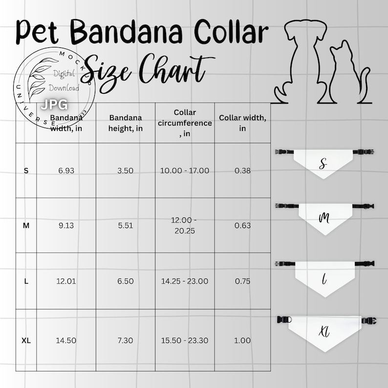 May include: A pet bandana size chart with measurements in inches for width, height, and collar circumference. Sizes include S, M, L, and XL, with collar width measurements. The text "Pet Bandana Collar Size Chart" is at the top.