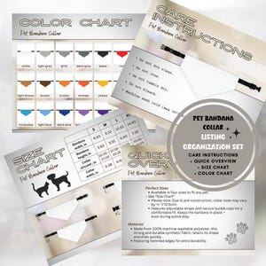 Pet Bandana Collar Listing Set, 4 JPGs, One-of-a-Kind Seller Kit, Ready to Use, Care Instructions, Size Chart, Color Chart, Quick Overview