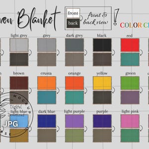 Pode incluir: Carta de cores para cobertores tecidos mostrando 20 opções de cores diferentes. Cada cor é exibida como um quadrado com uma vista frontal e traseira. As cores incluem branco, cinza claro, cinza, cinza escuro, preto, vermelho, vermelho escuro, marrom claro, marrom, laranja, amarelo, verde, verde escuro, turquesa, azul escuro, roxo claro, roxo, rosa claro e rosa.