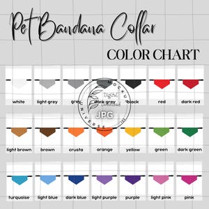 Tabla de colores de collares bandana para mascotas, lista de productos en descarga digital, 2 archivos JPG de alta resolución, formato cuadrado y rectangular, marca genérica