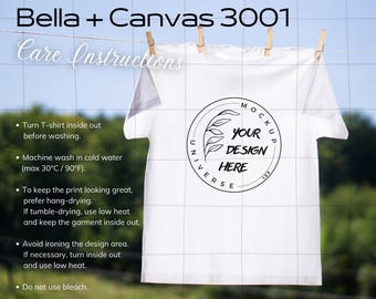 Bella + Canvas 3001 Care Instructions, Shirt Washing Guide, Tee Listing Chart, Rectangle Format, Digital Download JPG, Unique T-shirt Mockup